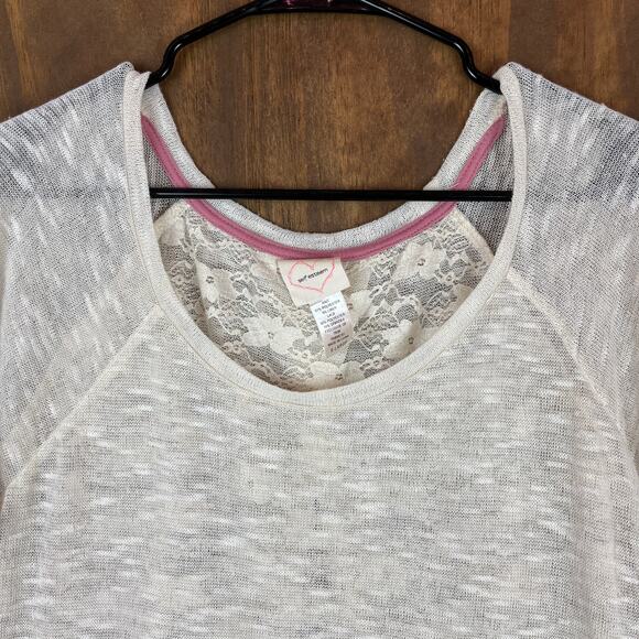 Self Esteem Womens Blouse Beige 3/4 Sleeve Knit Lace Open Back Sheer Linen XL - Picture 2 of 11